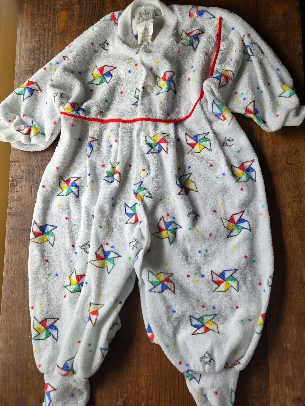 Vtg 1980s Baby Dior Pinwheel Fleece Footed Sleeper 3-6M Flawed